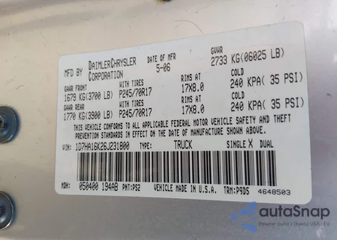 2006 Dodge Ram 1500 St z USA, uszkodzony, nr VIN 1D7HA16K26J231800